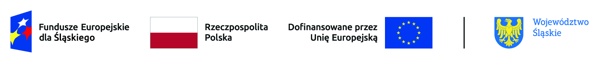 Pełny zestaw logotypów dla projektów realizowanych w programie Fundusze Europejskie dla Śląskiego 2021-2027: pierwszy od lewej to logotyp programu Fundusze Europejskie dla śląskiego, następnie flaga Polski, logotyp Unii Europejskiej z opisem dofinansowane przez Unię Europejską, po prawej herb województwa śląskiego.