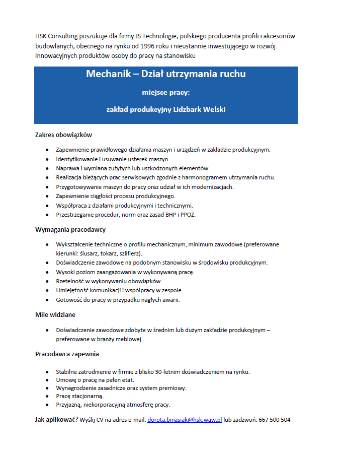 Zdjęcie artykułu Oferta pracy HSK Consulting Sp. z o. o.