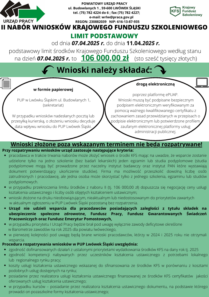 Zdjęcie artykułu KFS 2025 r. - Ogłaszamy II nabór wniosków Krajowego Funduszu Szkoleniowego.
