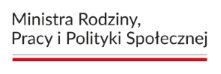 Czarny napis na białym tle o treści Ministra Rodziny, Pracy i Polityki Społecznej. Pod napisem wąska, czarna i szeroka, czerwona linia.